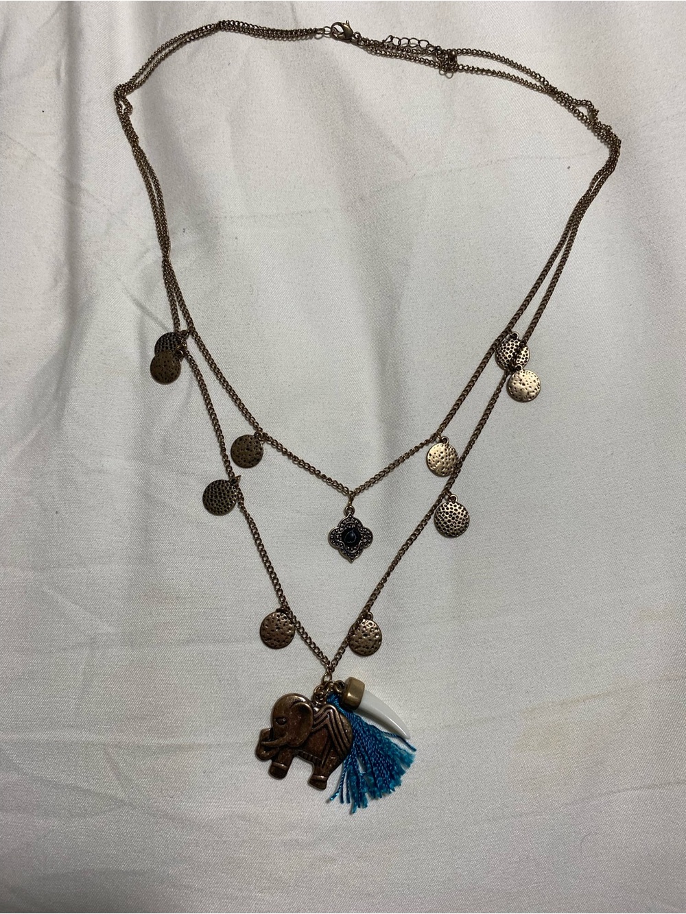Layered Bronze Elephant Necklace with Blue Tassel - Women Jewelry